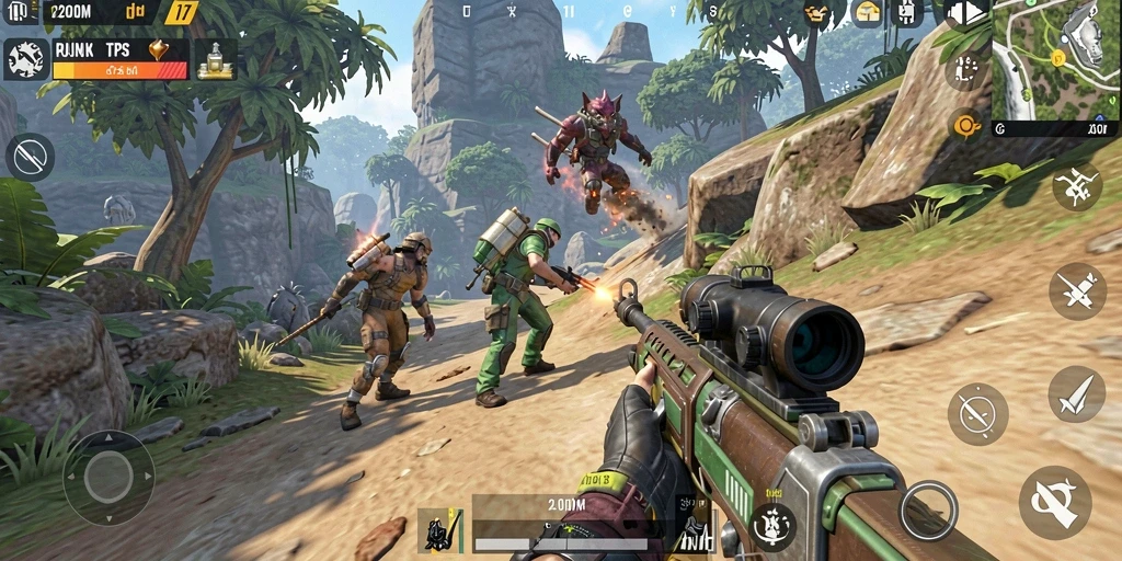 Screenshot D200M menampilkan pertempuran seru dalam gameplay TPS.