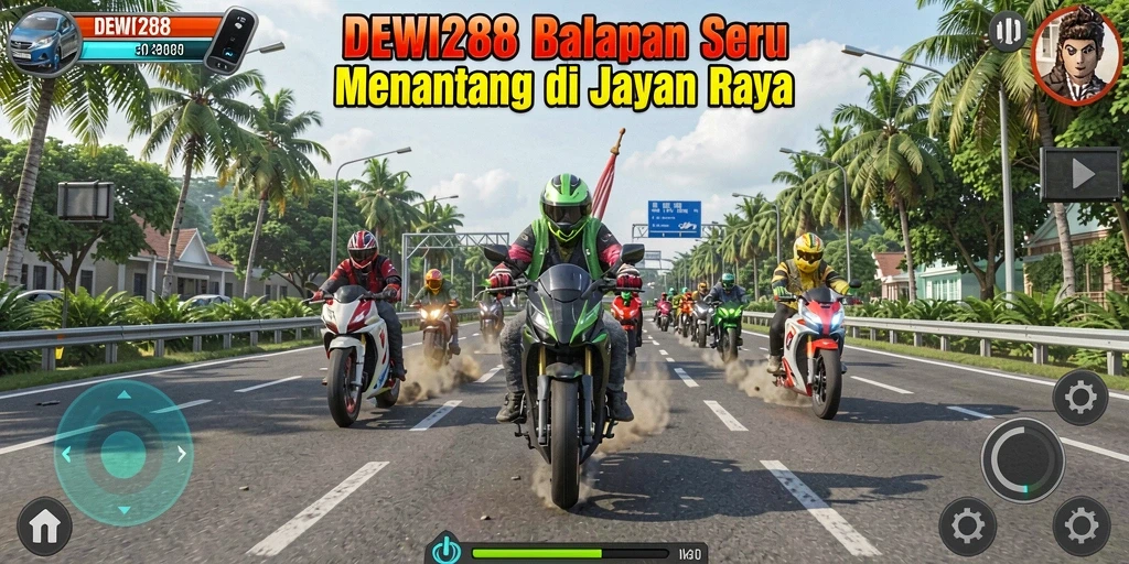 Tampilan gameplay seru DEWI288 saat balapan di lintasan.