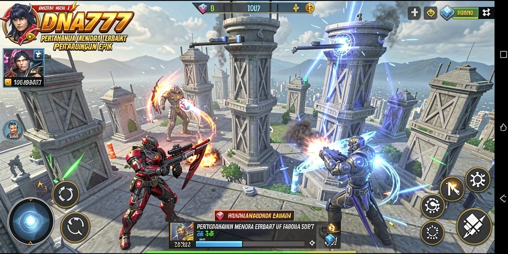 Tangkapan layar gameplay DNA777 menampilkan menara yang strategis dan pertempuran seru.