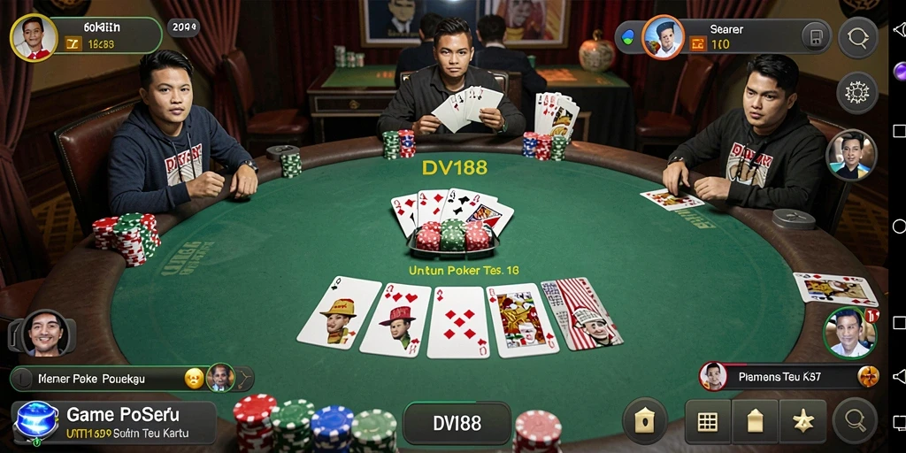 Screenshot utama DV188 yang menampilkan serunya gameplay Poker di aplikasi.
