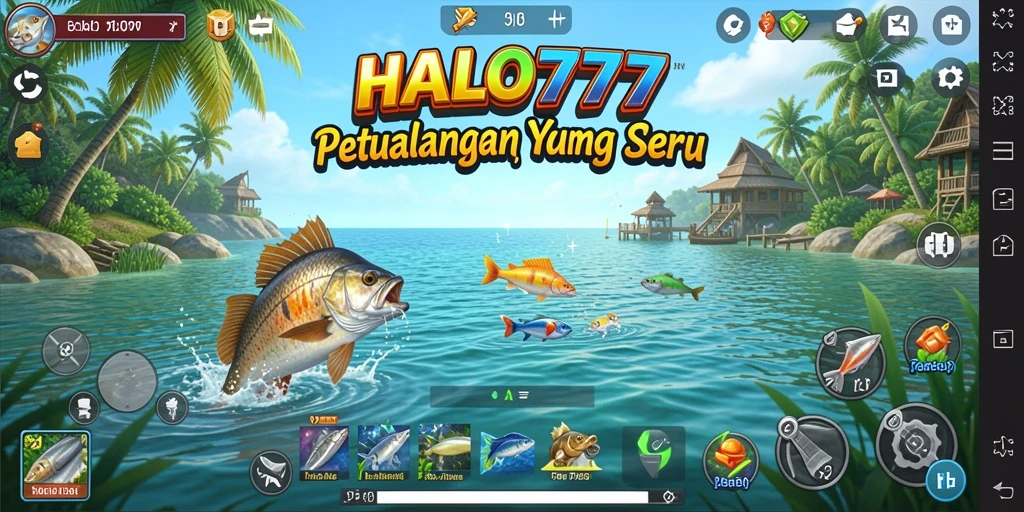 Tampilan screenshot HALO777 menampilkan pengalaman memancing yang seru di laut yang indah.