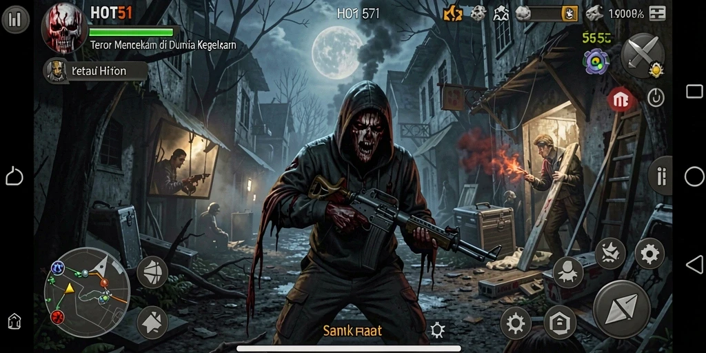 Screenshot utama HOT51 menunjukkan karakter utama dalam kegelapan yang menakutkan.