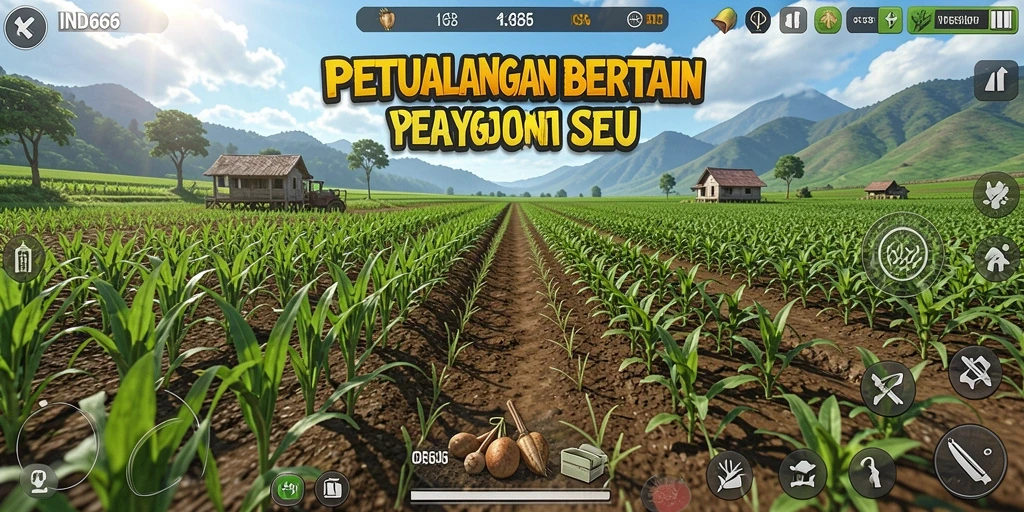 Tangkapan layar IND666 menunjukkan suasana pertanian yang hidup dan interaktif.