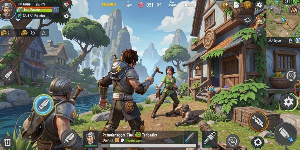 Screenshot gameplay OVO99 menunjukkan dunia terbuka yang luas dan menarik.