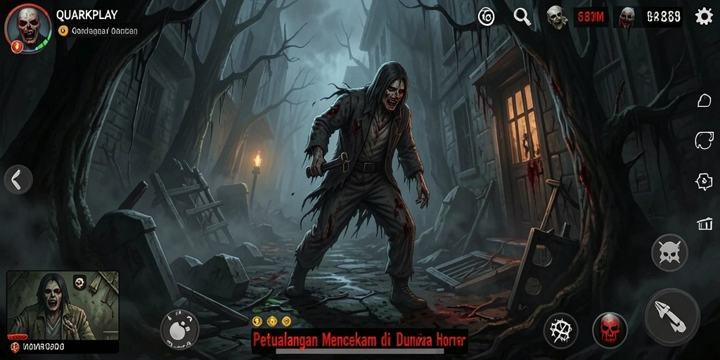 Tampilan gameplay yang menyeramkan dalam QUARKPLAY, penuh suasana Horror.