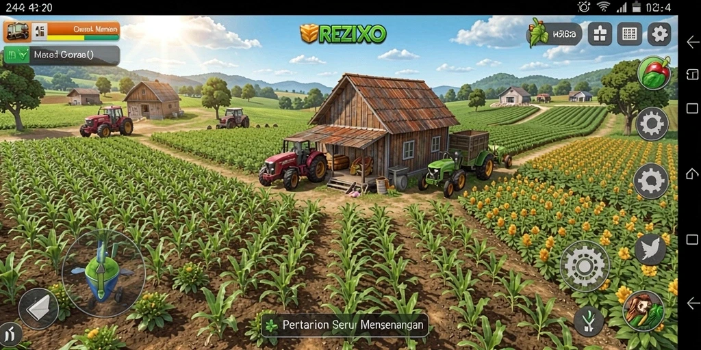 Tangkapan layar utama REZIXO menunjukkan gameplay bertani yang menyenangkan dan interaktif.