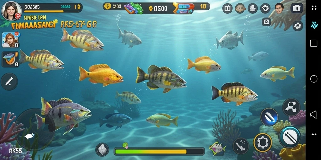 Tampilan gameplay seru RK55 dengan grafis memukau dan ikan beragam.