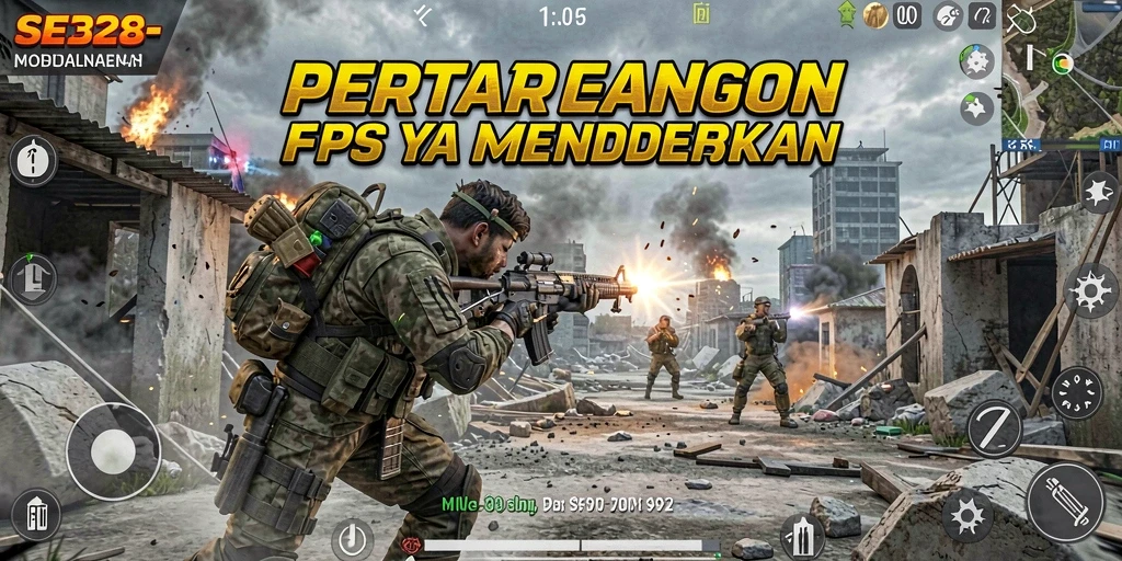 Screenshot utama SE328 menampilkan pertarungan FPS seru di arena pertempuran.
