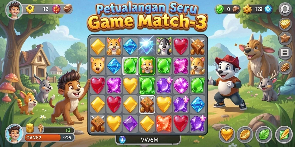 Screenshot gameplay utama VV62 dengan tantangan Match-3.